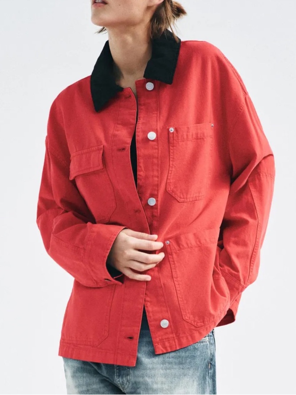 Zara Red Utility Barn Jacket Unisex Oversized
Black Contrast Collar